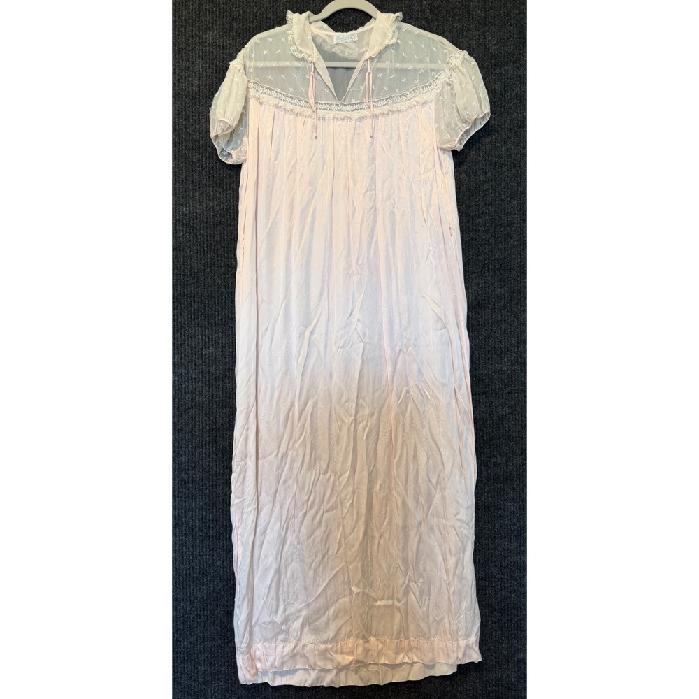 Vintage Barbizon Pink Nightgown Sheer Embroidered Lace Maxi Gown Medium‎ 14-16